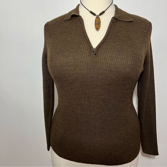 Vintage Pendleton Brown Ribbed Knit Half Zip Front Sweater -- L - Picture 4 of 10